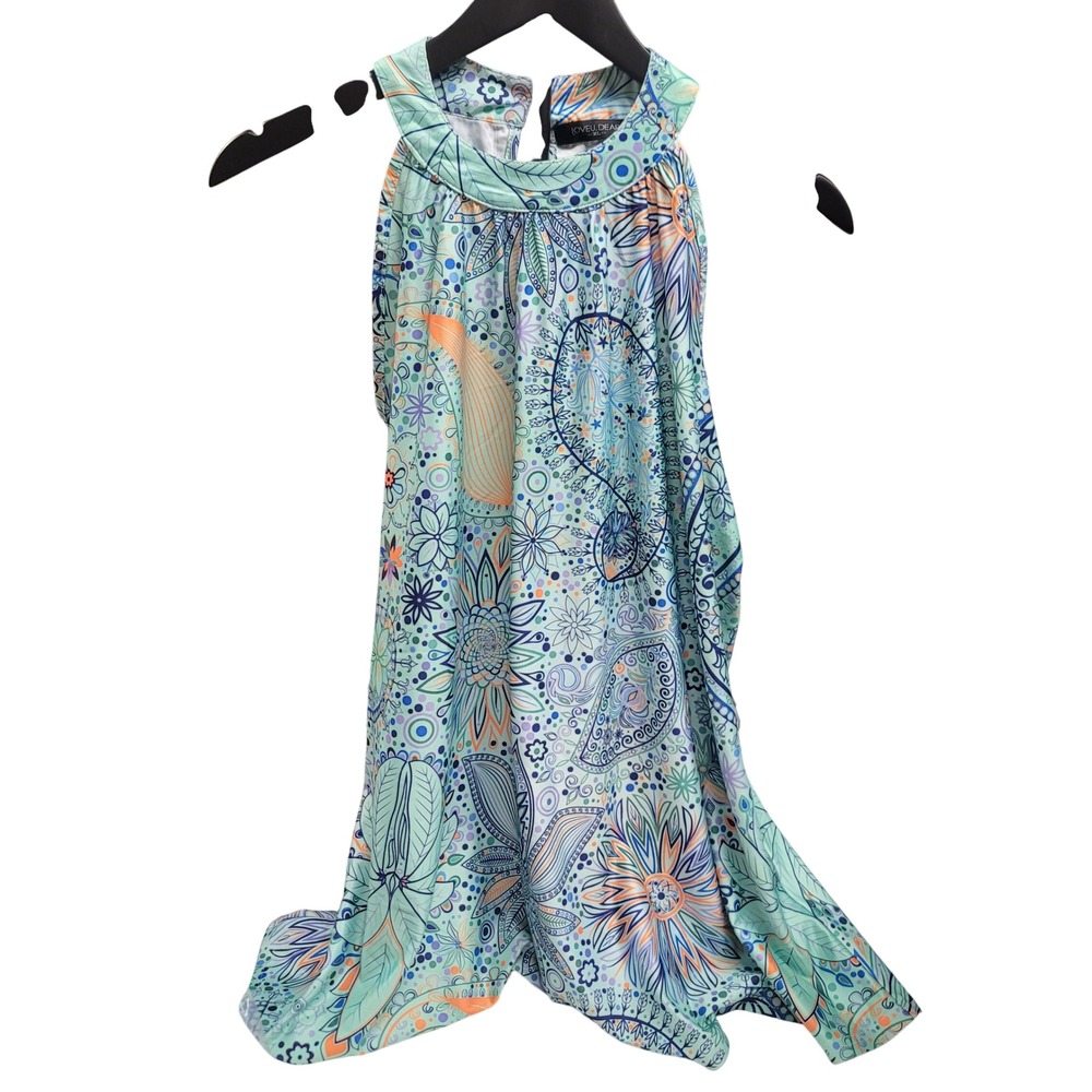 LOVEU DEAR Women's Halter‎ Neck Dress XL Paisley Floral Print Mint Green BOHO